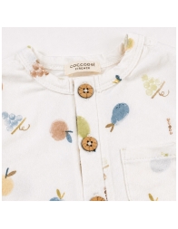 Dettaglio tessuto jersey bamboo fantasia Fruttiny con stampa delicata e cuciture piatte