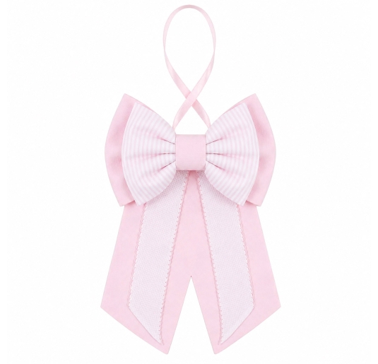 Pink cotton baby birth bow with Aida fabric 25x35 cm central bow and decorative ribbons