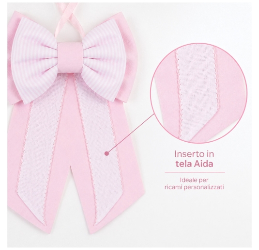 Fiocco nascita rosa cotone tela Aida 25x35 cm con fiocco centrale e nastri decorativi 2