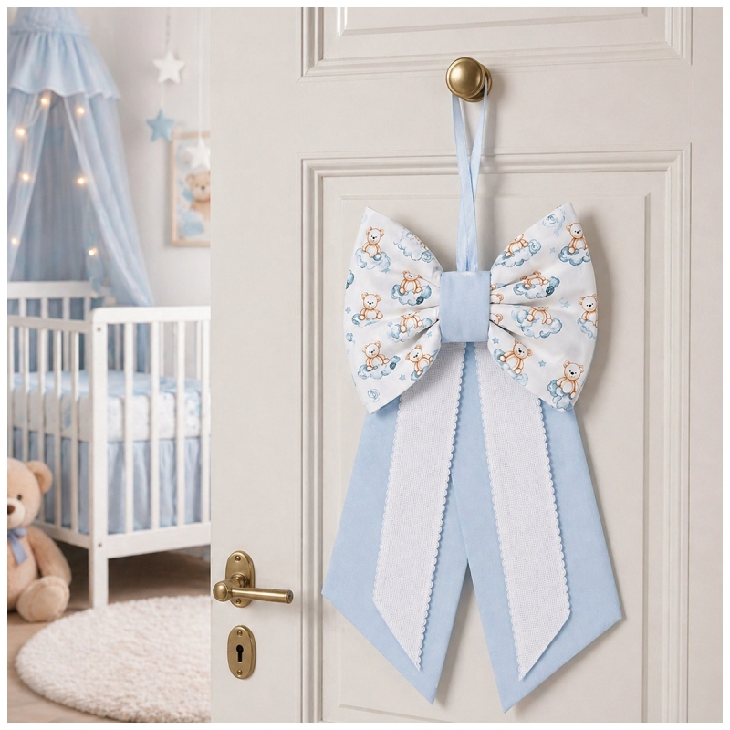 Home door decorated with pink baby birth bow in nursery style setting