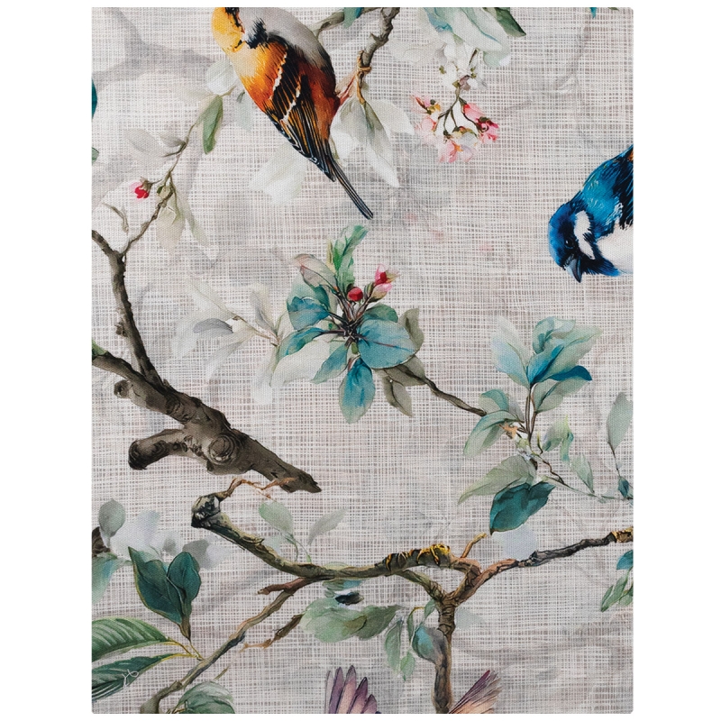 Cotton tablecloth birds pattern detail with branches and birds print