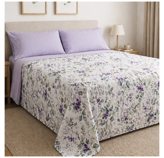 Double bed bedspread breathable cotton piquet with lavender and eucalyptus pattern