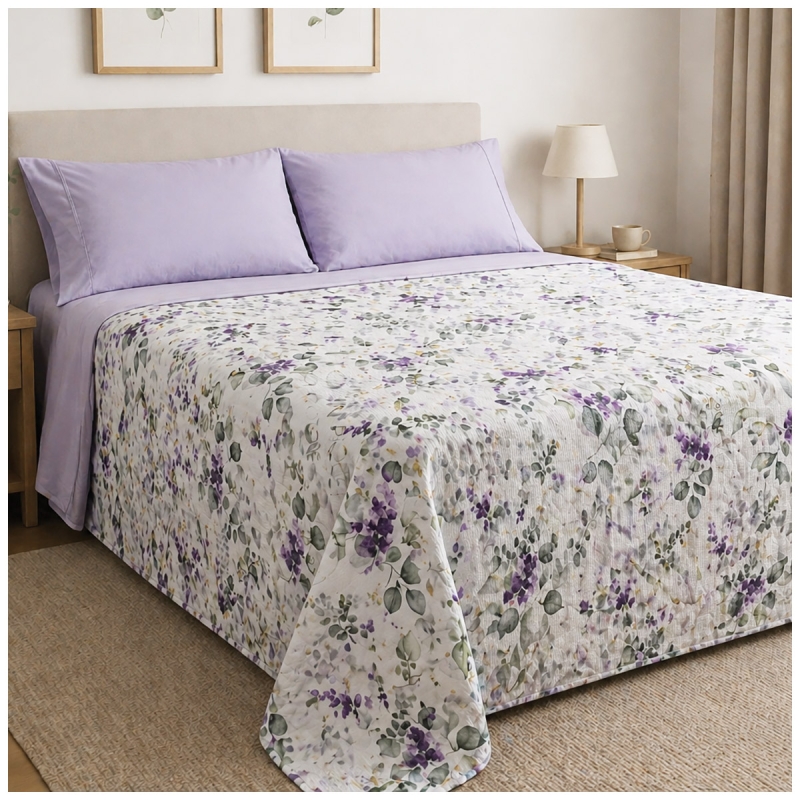 Double bed bedspread breathable cotton piquet with lavender and eucalyptus pattern