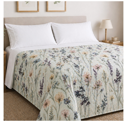 Copriletto matrimoniale Aqua in cotone piquet con stampa floreale su letto moderno