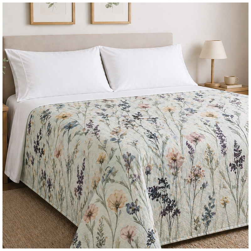 Aqua double bed cotton piquet bedspread with floral print on a modern bed