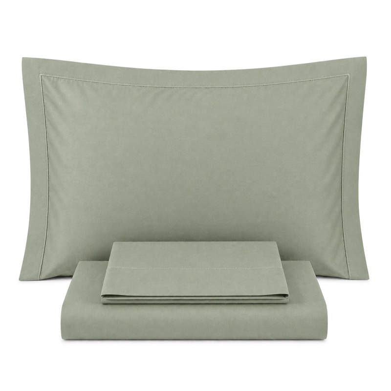 Cotton percale double bed sheet set with piping displayed on double size bed