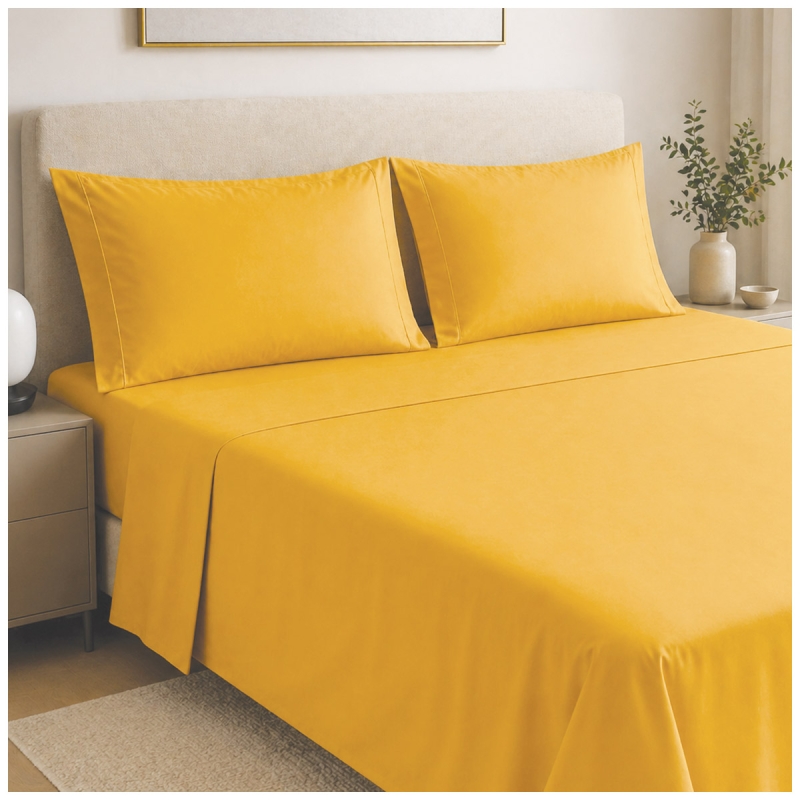Completo Lenzuola Matrimoniale in Cotone Percalle con Cordonetto - Ocra