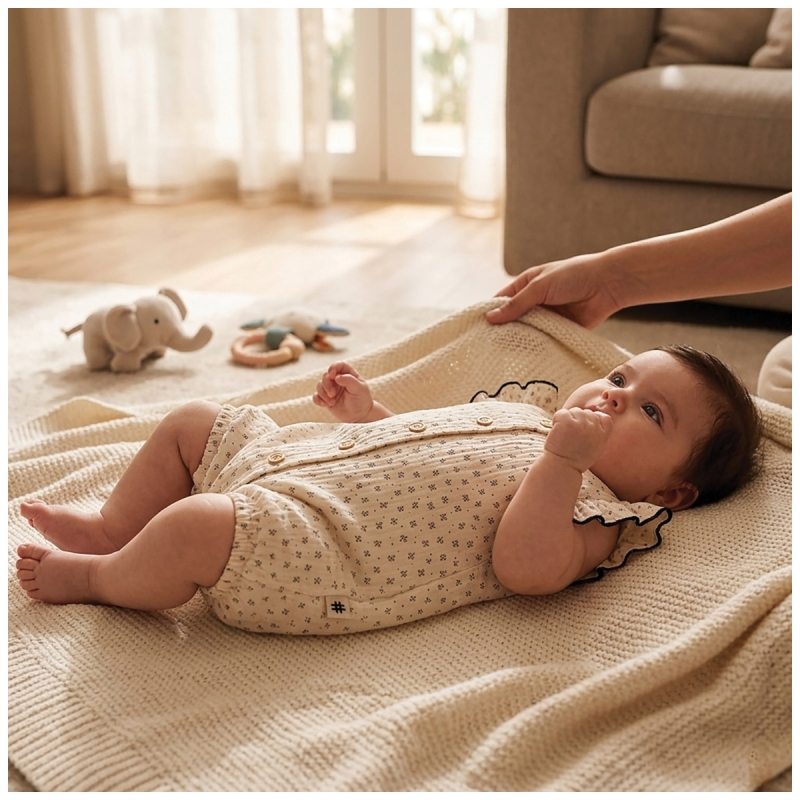 Baby girl wearing Coccode gauze romper
