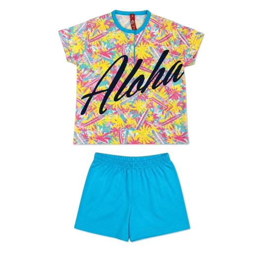 boys short cotton pajamas with printed serafino top and blue shorts