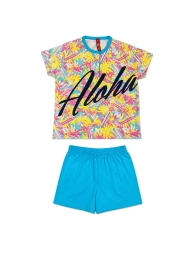 boys short cotton pajamas with printed serafino top and blue shorts