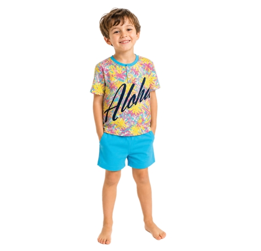boys short cotton pajamas with printed serafino top and blue shorts 2