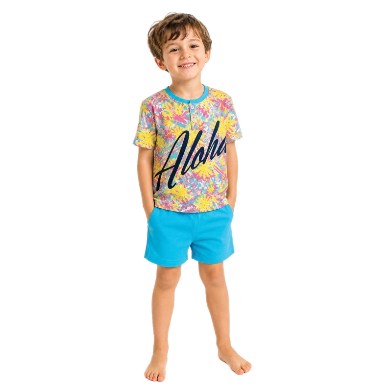 pigiama bambino corto cotone fantasia aloha con pantaloncini tinta unita