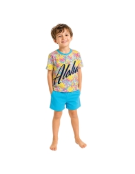 pigiama bambino corto cotone fantasia aloha con pantaloncini tinta unita