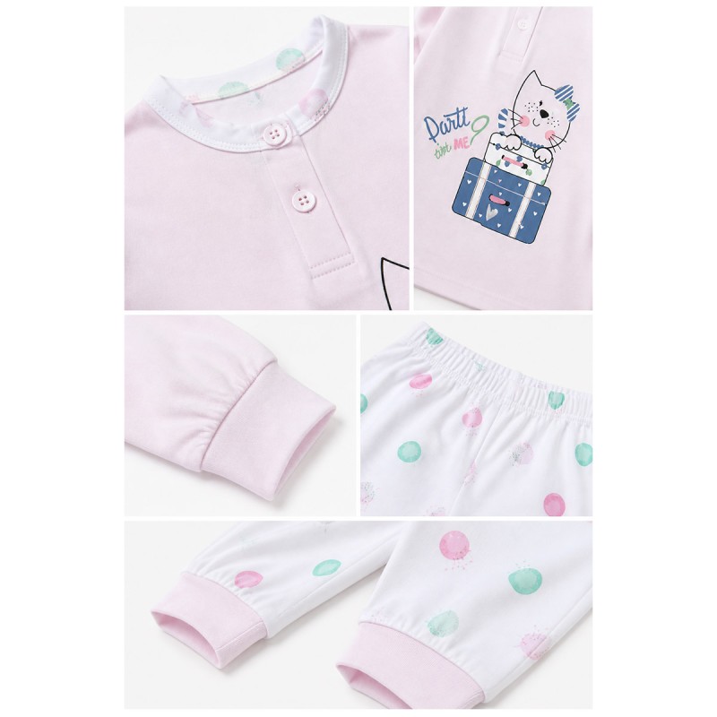 girls cotton pajamas with kitten print and polka dot pants