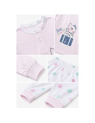 pigiamino bimba cotone fresco con stampa gattino e pantaloni con pois