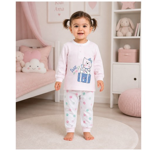 girls cotton pajamas with kitten print worn in nursery bedroom