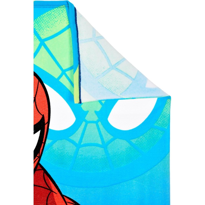 Dettaglio grafica Spiderman con ragnatela e colori intensi su telo microfibra asciugatura rapida