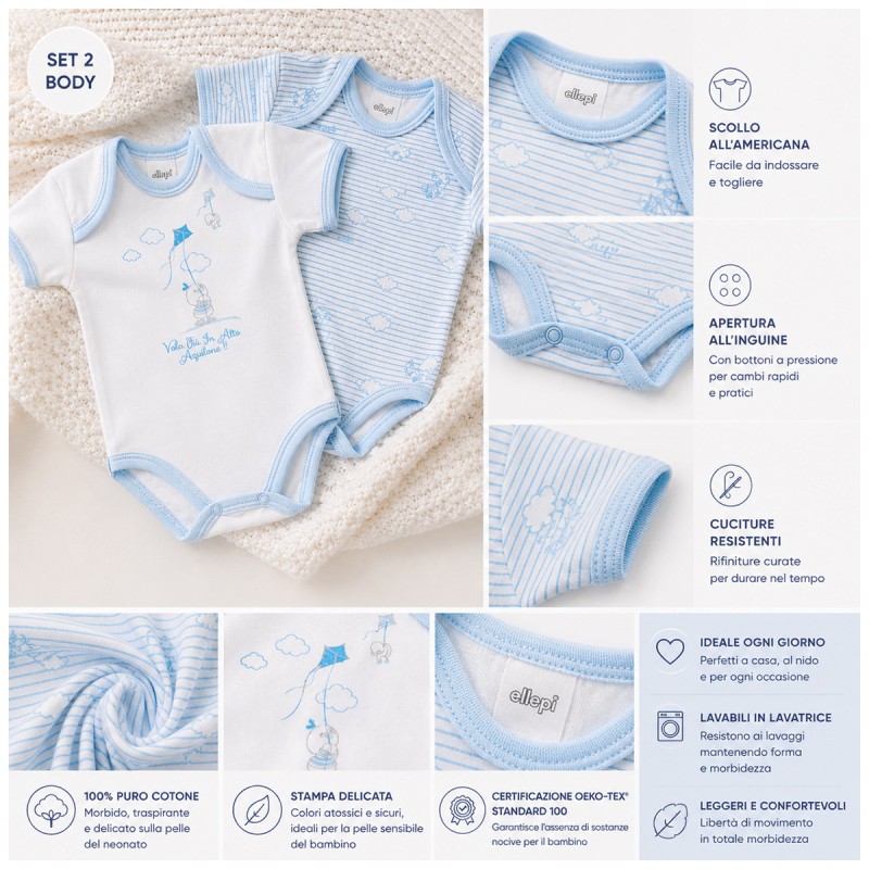 Dettaglio tessuto body neonato puro cotone con scollo all’americana Ellepi