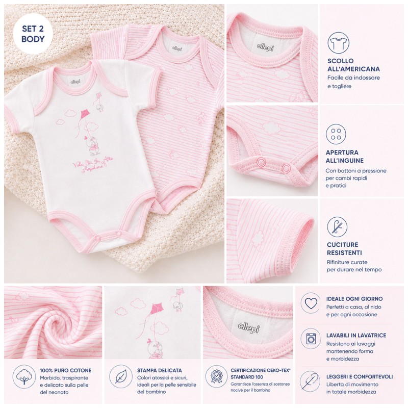 Dettaglio tessuto body neonato puro cotone con scollo all’americana Ellepi