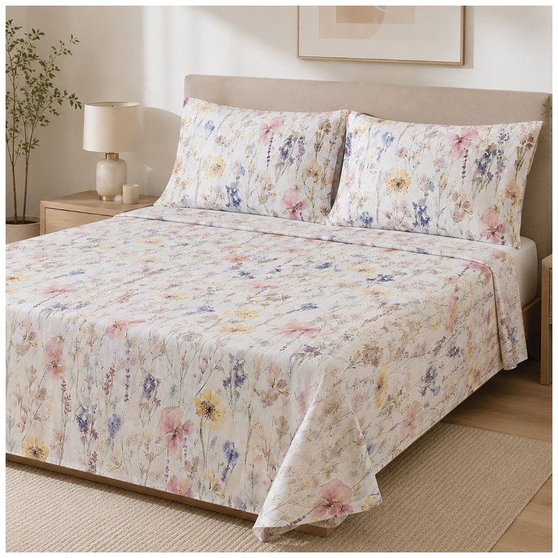 Double percale bed sheet set with Prato Fiorito floral pattern
