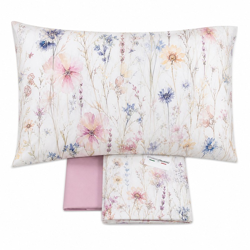 Cotton percale double bed sheets with botanical bedspread effect print