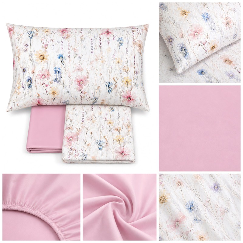 Completo letto matrimoniale Prato Fiorito in percalle di cotone Made in Italy