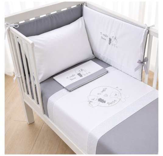 Set copripiumino neonato con paracolpi e lenzuola ricamate in cotone bianco e grigio per lettino con sbarre
