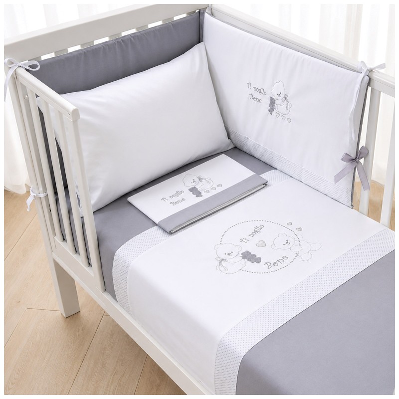 Baby duvet cover set with cot bumper and embroidered bed sheets in white and grey cotton for baby cot with bars