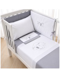 Baby duvet cover set with cot bumper and embroidered bed sheets in white and grey cotton for baby cot with bars