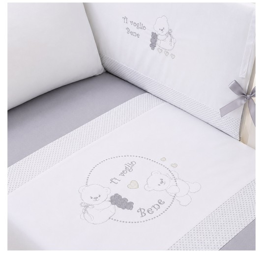 Baby duvet cover set with cot bumper and embroidered bed sheets in white and grey cotton for baby cot with bars 2