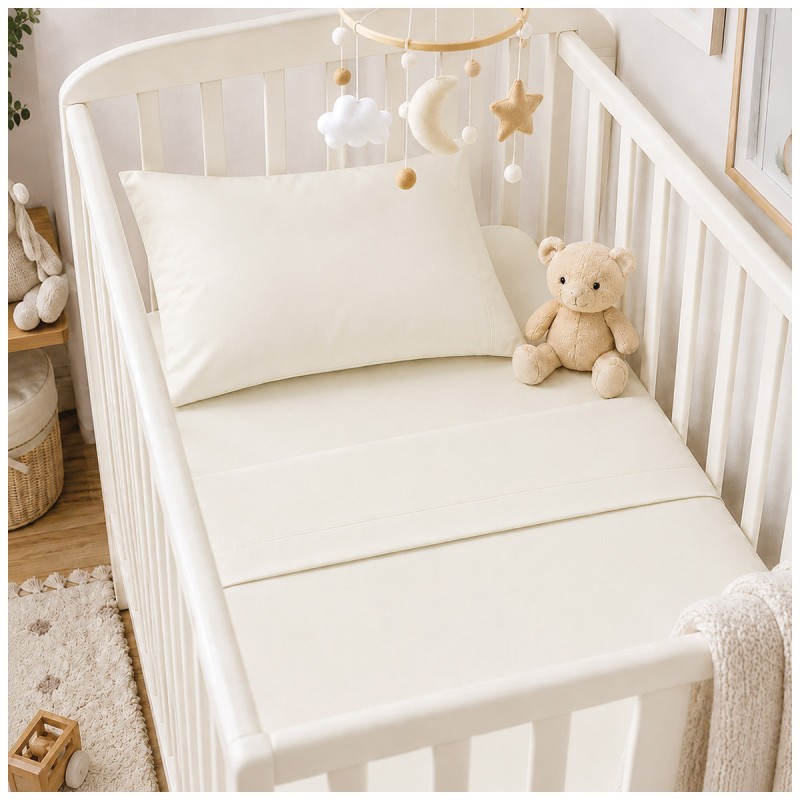 Completo lenzuola lettino puro cotone in cameretta neonato con orsacchiotto