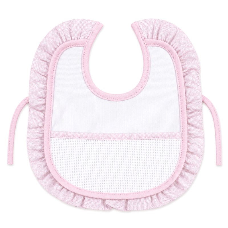 Embroidery Baby Bib with Aida Cloth and Ruffle Trim - Pink