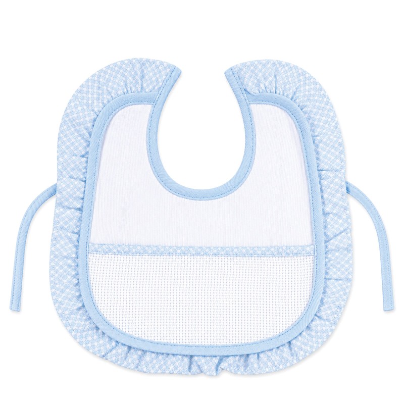 Embroidery Baby Bib with Aida Cloth and Ruffle Trim - Blue Sky