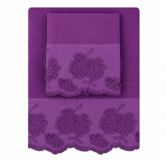 Primula pure linen towel set with matching guest towel and scalloped floral edge