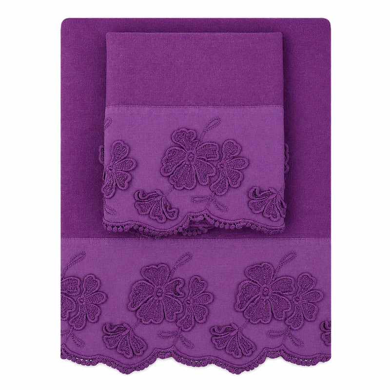 Set asciugamani Primula in puro lino con ospite coordinato e bordo smerlato floreale