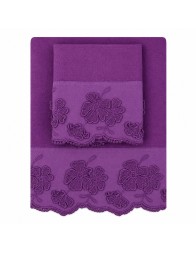 Set asciugamani Primula in puro lino con ospite coordinato e bordo smerlato floreale