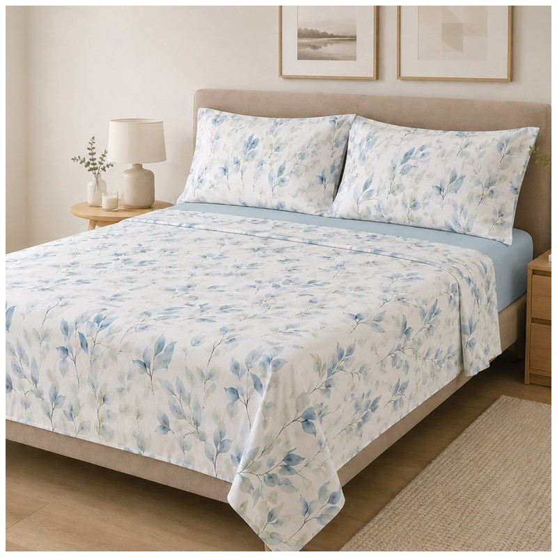 Double bed sheet set in percale with bedspread effect – Brezza Azzurra – Corredo Italiano