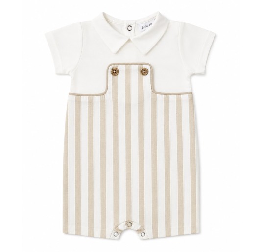 Pagliaccetto neonato rigato beige e panna con colletto e bottoni frontali