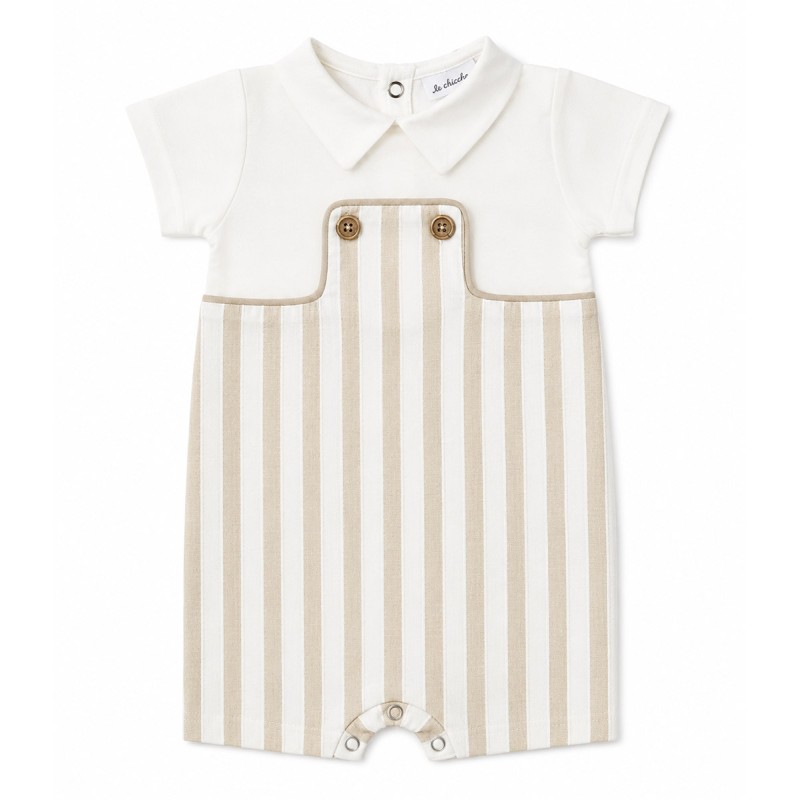 Pagliaccetto neonato rigato beige e panna con colletto e bottoni frontali