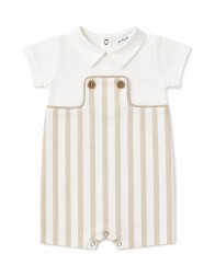 Pagliaccetto neonato rigato beige e panna con colletto e bottoni frontali
