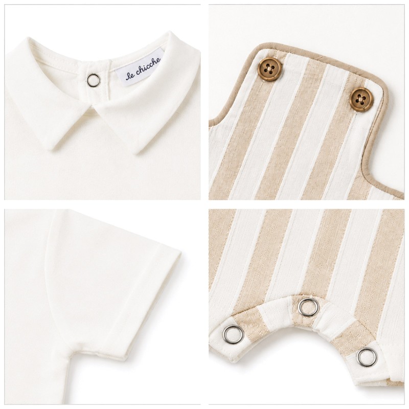 Dettaglio tessuto pagliaccetto neonato in cotone e lino con righe beige verticali