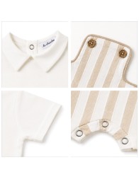 Close-up of cotton and linen baby romper fabric with vertical beige stripes