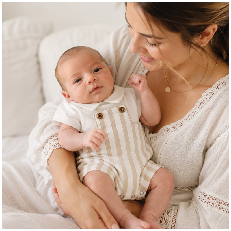 Summer baby romper with snap crotch opening and short sleeves