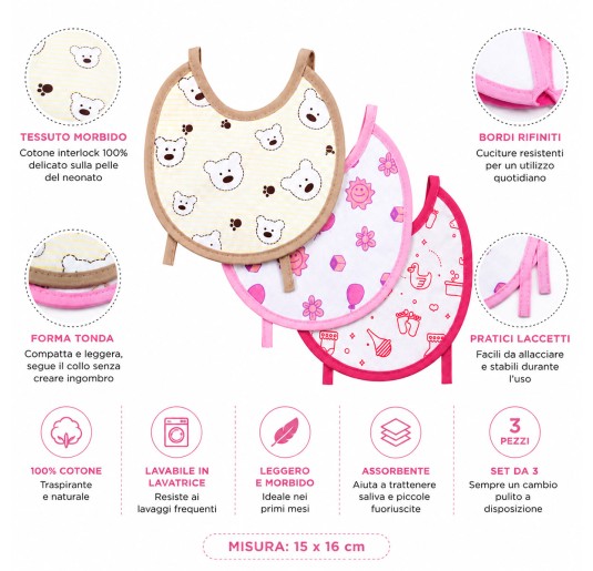 Set di 3 bavaglini neonato tondi in cotone interlock con stampe assortite e dettagli informativi su tessuto, misura e utilizzo. 2