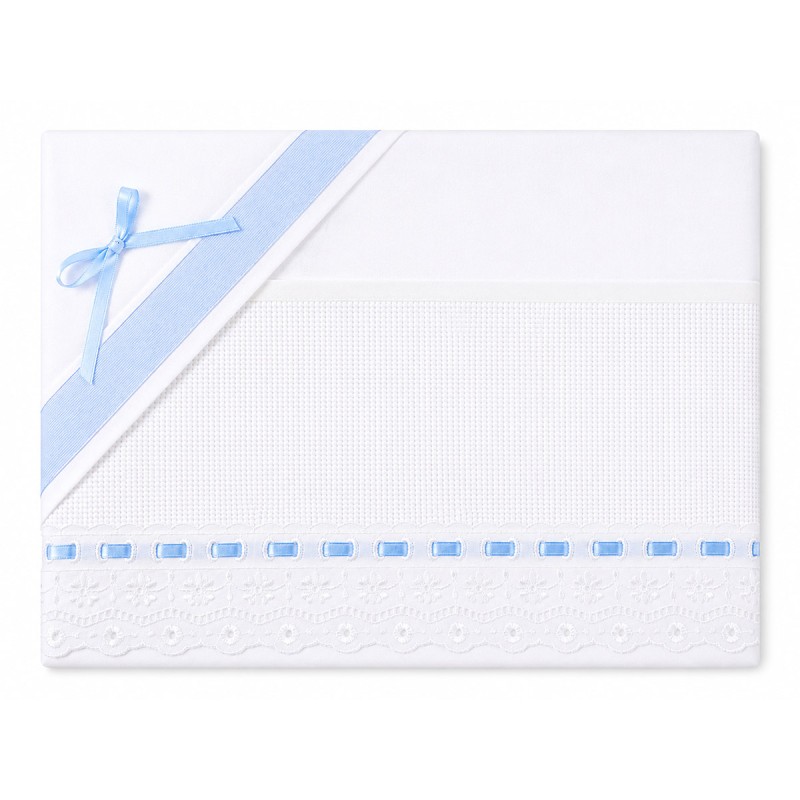 Set lenzuola lettino baby ricamabile con pizzo e nastro Azzurro - Corredo Italiano