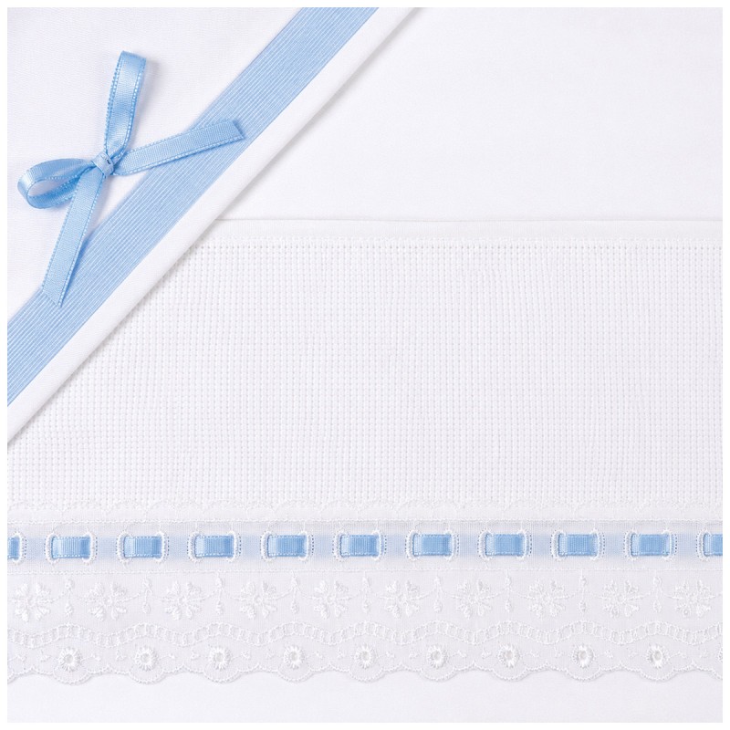 Set lenzuola lettino baby ricamabile con pizzo e nastro Azzurro