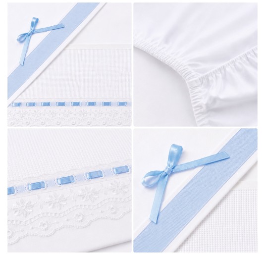 Embroidered baby cot sheet set with lace and blue ribbon 2