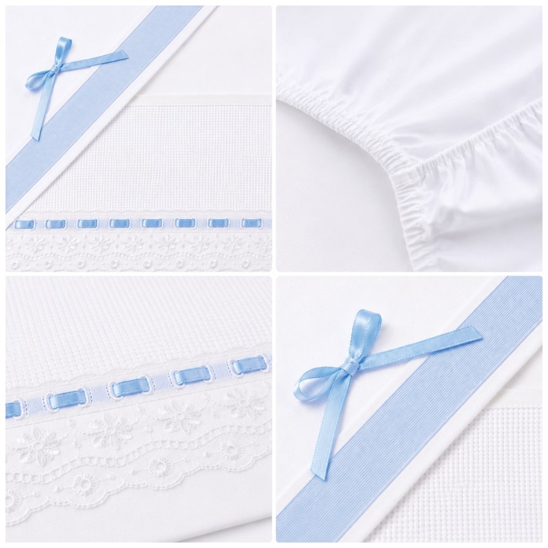 Dettagli lenzuola lettino baby ricamabile con pizzo e nastro Azzurro