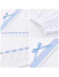 Embroidered cradle and pram sheet set with lace and blue ribbon - Corredo Italiano