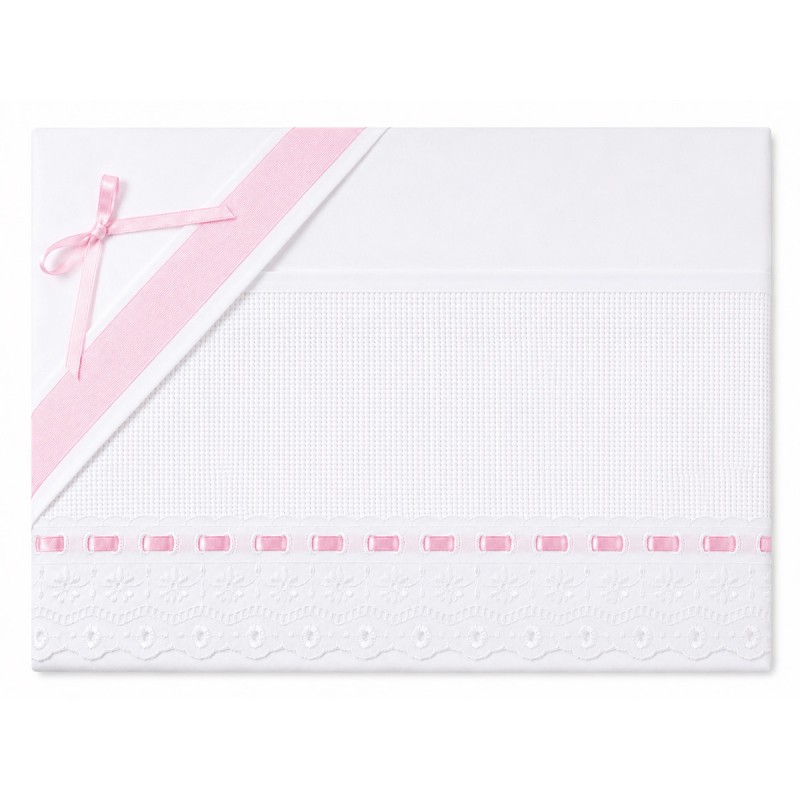 Cradle and pram sheet set with pink lace trim and embroidered Aida panel on white pure cotton fabric